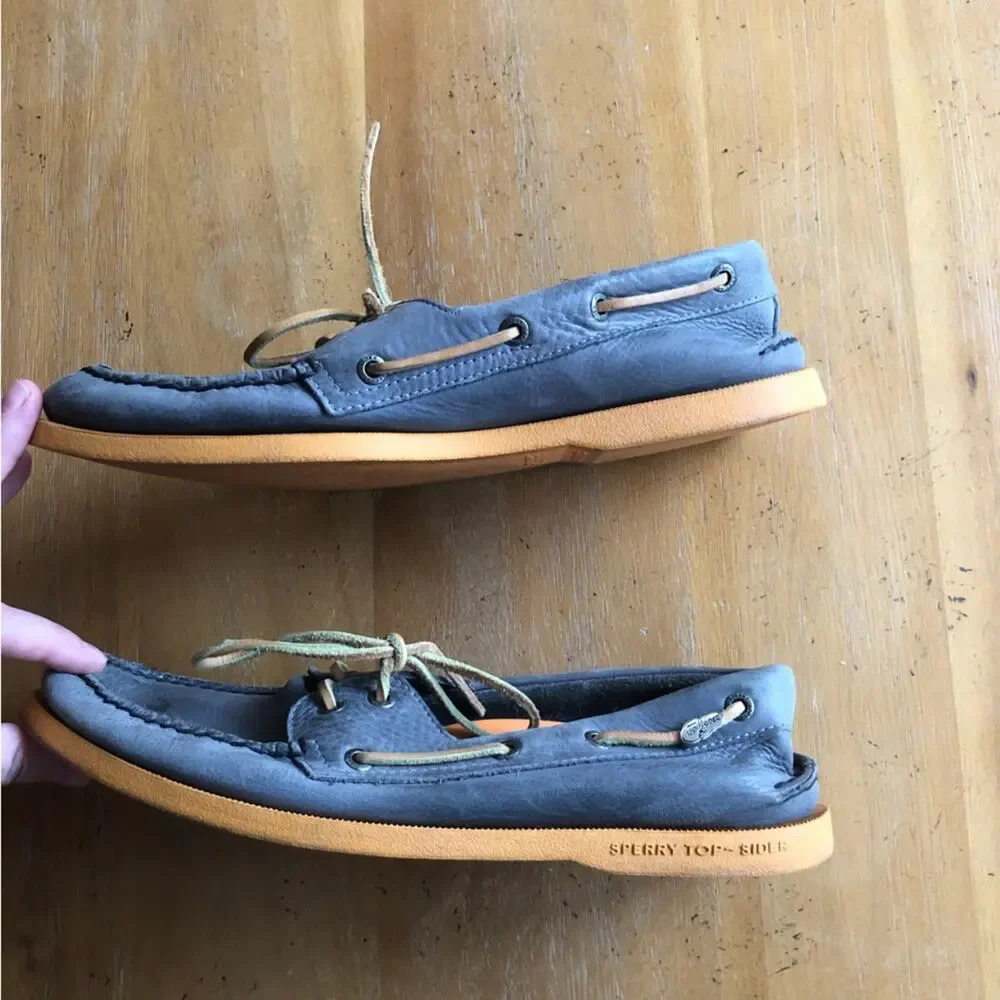 Vintage Boat Shoes Grey Leather Sperry Top-Sider Original Gray Prep Yellow Sole